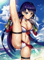  axe_kick beach bikini blue_hair blue_sky blunt_bangs breasts choker cleavage cloud commentary cowboy_shot day fate/grand_order fate_(series) female frilled_bikini frills gauntlets gloves high_kick highres kicking kneepits looking_at_viewer lu&quot; martha_(fate) martha_(swimsuit_ruler)_(fate) martha_(swimsuit_ruler)_(third_ascension)_(fate) medium_breasts outdoors red_gloves sky smile solo split standing standing_on_one_leg standing_split straight_hair swimsuit white_bikini white_choker 