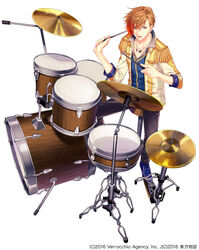  1boy bad_id bad_pixiv_id blue_footwear brown_eyes brown_hair commentary_request company_name copyright_request cymbals dated drum drum_set drumsticks epaulettes hi-hat instrument jewelry male_focus necklace official_art orange_hair pants sitting solo stool white_background yukikana 