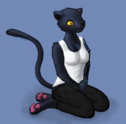  4_toes anthro biped black_body black_fur blue_body blue_fur bottomwear clothed clothing denim denim_bottomwear denim_clothing digital_media_(artwork) digitigrade feet felid female fur hindpaw jeans kneeling mammal pantherine pants pawpads paws prosthetic shaded shirt simple_background solo tank_top toes topwear trigaroo yellow_eyes 