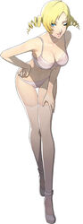  blonde_hair blue_eyes bra breasts catherine catherine:_full_body catherine_(game) cleavage drill_hair eyeshadow female full_body lace lace-trimmed_bra lace-trimmed_legwear lace-trimmed_panties lace_trim leaning_forward looking_at_viewer makeup medium_breasts official_art panties photoshop_(medium) simple_background soejima_shigenori solo thighhighs twin_drills twintails underwear white_background white_bra white_panties white_thighhighs 