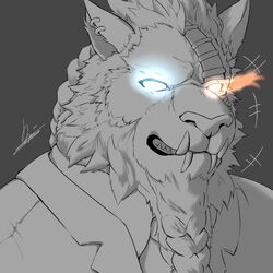  1:1 anthro beard clothed clothing dingding_(artist) ear_piercing facial_hair fangs felid fur glowing glowing_eyes hair male mammal piercing solo teeth 