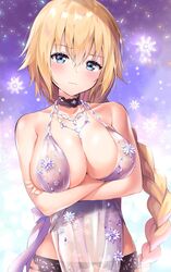  3: ale_nqki artoria_pendragon_(fate) artoria_pendragon_(lancer_alter)_(fate) artoria_pendragon_(lancer_alter)_(royal_icing)_(fate) artoria_pendragon_(lancer_alter)_(royal_icing)_(fate)_(cosplay) bare_shoulders blush braid breast_hold breasts choker cleavage commentary_request cosplay crossed_arms embarrassed fate/grand_order fate_(series) female garter_belt halterneck head_tilt highres jeanne_d&#039;arc_(fate) jewelry large_breasts long_hair looking_at_viewer navel necklace see-through single_braid snowflakes solo 