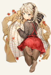  anmi ass bangs black_blouse black_ribbon blouse blush brown_coat brown_legwear casual closed_mouth coat coat_removed collared_blouse commentary_request feet_up from_behind girls_und_panzer gradient gradient_background hair_ribbon highres leaf light_brown_eyes light_brown_hair long_hair long_sleeves looking_at_viewer looking_back lying maple_leaf no_shoes on_stomach pantyhose pleated_skirt red_skirt ribbon shimada_arisu side_ponytail sidelocks simple_background skirt solo suspenders 