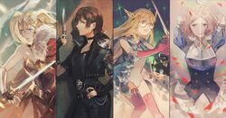  4girls adapted_costume alternate_costume armor armored_dress blonde_hair braid brown_hair column_lineup commentary crown_braid english_commentary feline glasses hair_ornament highres knife looking_at_viewer morgana_(persona_5) multiple_girls niijima_makoto okumura_haru persona persona_5 persona_5:_dancing_star_night persona_dancing sakura_futaba scarf short_hair skirt smile sukly sword takamaki_anne tiara twintails weapon 