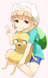  adventure_time blonde_hair candy character_doll commentary_request cosplay dated female finn_the_human finn_the_human_(cosplay) food futaba_anzu hat idolmaster idolmaster_cinderella_girls jake_the_dog lollipop long_hair nagian stuffed_animal stuffed_toy twintails v 