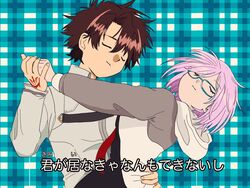  1boy black_hair blue_background chaldea_uniform closed_eyes command_spell commentary_request dancing derivative_work fake_screenshot fate/grand_order fate_(series) female fujimaru_ritsuka_(male) hood hoodie light_purple_hair lyrics mamotte_shugogetten! mash_kyrielight necktie parody patterned_background plaid plaid_background red_necktie short_hair smile translated upper_body yasa_sio 