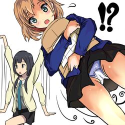  2girls angel_exercise black_hair black_skirt blazer blue_eyes blush brown_hair commentary_request green_eyes jacket long_hair looking_at_viewer low_twintails miyamori_aoi multiple_girls necktie open_mouth panties shirobako short_hair skirt takahiro_(rikky) twintails underwear wind yasuhara_ema 