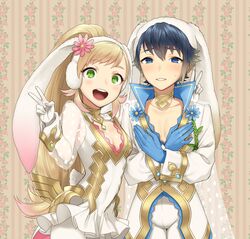  1boy alfonse_(fire_emblem) alfonse_(spring)_(fire_emblem) animal_ears blonde_hair blue_eyes blue_gloves blue_hair breasts brother_and_sister cleavage commentary cowboy_shot crossed_arms double_v fake_animal_ears female fire_emblem fire_emblem_heroes gloves green_eyes long_hair meimone multicolored_hair official_alternate_costume open_mouth pectorals rabbit_ears sharena_(fire_emblem) sharena_(spring)_(fire_emblem) short_hair siblings small_breasts smile sweatdrop two-tone_hair v white_gloves 