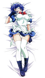  :p absurdres ahoge apron bed_sheet blue_gloves blue_hair boots bow bowtie breasts breasts_apart buckle collar dakimakura_(medium) dress dutch_angle earrings eyepatch female frilled_apron frills from_above full_body gloves green_eyes groin headdress highres ikkitousen indoors jewelry lace large_breasts legs licking licking_finger looking_at_viewer lying magatama magatama_earrings maid maid_headdress mole mole_under_mouth naughty_face official_art on_back on_bed panties pantyshot petticoat puffy_short_sleeves puffy_sleeves rin-sin ryomou_shimei scan short_dress short_hair short_sleeves sleeve_cuffs solo taut_clothes thighhighs tongue tongue_out underwear white_panties white_thighhighs 