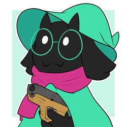  1:1 2018 anthro black_body black_fur bovid bran-draws-things caprine clothing darkner delet_this deltarune digital_media_(artwork) eyewear fangs fur glasses glock goat gun handgun hat headgear headwear hi_res male mammal meme pistol ralsei ralsei_with_a_gun ranged_weapon reaction_image scarf simple_background solo teeth undertale_(series) weapon 