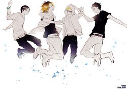  4boys akaashi_keiji black_hair blonde_hair bracelet commentary_request full_body glasses grey_eyes haikyuu!! hood hood_down hoodie jewelry kozume_kenma kunimi_akira male_focus multiple_boys pants photoshop_(medium) short_hair tsukishima_kei yasai_(getsu) yellow_eyes 