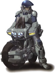  1boy aramaki_shinji armor helmet kikou_souseiki_mospeada mecha mospeada mospeada_(mecha) motor_vehicle motorcycle motorcycle_helmet official_art on_motorcycle power_armor production_art promotional_art ray_(mospeada) realistic redesign robot science_fiction signature soldier spacesuit 