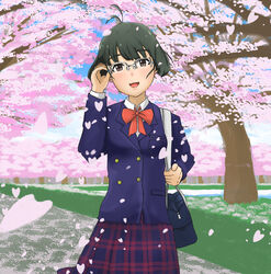  1boy akizuki_ryou antenna_hair artist_request bag bow bowtie cherry_blossoms crossdressing female glasses idolmaster male male_focus montekunisuto_(taihou) plaid plaid_skirt school_bag school_uniform short_hair shoulder_bag skirt smile solo trap 