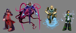  3boys amon amon_(the_legend_of_korra) aura avatar:_the_last_airbender bald blood capcom cape female glowing grey_background hood kuvira legend_of_korra m-keane markings mask mole multiple_boys parody rockman rockman_x simple_background tentacle the_legend_of_korra unalaq vaatu wind zaheer 