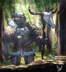  anthro canid canine clothed clothing dingding_(artist) forest fur male mammal muscular muscular_anthro muscular_male outside plant solo staff standing tree 