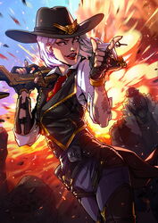  albino ashe_(overwatch) black_hat bob_(overwatch) bowler_hat commentary_request cowboy_hat earrings female fingerless_gloves gloves hat highres jewelry kate-fox lipstick makeup md5_mismatch mole mole_above_mouth nail_polish omnic overwatch overwatch_1 red_eyes red_lips robot short_hair smile tattoo white_hair 