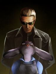  2016 albert_wesker anthro blue_eyes brown_background brown_hair capcom clothed clothing coat crossover disney duo eyewear female hair hattonslayden hi_res human judy_hopps lagomorph leporid long_ears looking_up male mammal pink_nose police police_uniform rabbit resident_evil simple_background size_difference smile sunglasses topwear uniform zootopia 