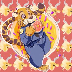  1:1 anthro benjamin_clawhauser bootiehole brown_eyes cheetah clothed clothing countershading dessert disney doughnut eating felid feline food hi_res male mammal pastry police police_officer_eating_donut police_uniform solo uniform zootopia 