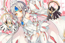  ao_jun bare_shoulders blush breasts brown_eyes closed_mouth code:_esencia_(elsword) commentary_request dress dutch_angle elbow_gloves elsword eve_(elsword) female garter_straps gloves grey_hair hair_bun hand_on_own_hip leaning_forward long_hair looking_at_viewer photoshop_(medium) sidelocks single_hair_bun sleeveless sleeveless_dress small_breasts solo thighhighs tiara white_dress white_gloves white_thighhighs 