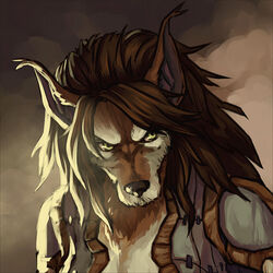  1:1 anthro blizzard_entertainment brown_body brown_fur bust_portrait canid clothed clothing digital_media_(artwork) ear_tuft female fur glare hair long_hair mammal multicolored_body multicolored_fur neryumo portrait simple_background solo tuft warcraft were werecanid worgen 