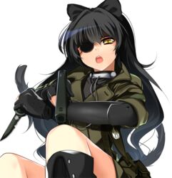  artist_request black_hair blake_belladonna combat_knife cosplay duplicate eyepatch female gun handgun knife metal_gear_(series) metal_gear_solid_v:_the_phantom_pain rwby venom_snake venom_snake_(cosplay) weapon yellow_eyes 