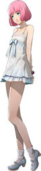  1boy arms_behind_back bow bracelet catherine:_full_body catherine_(game) crossdressing full_body green_eyes high_heels jewelry looking_at_viewer male_focus nightgown official_art otoko_no_ko petite photoshop_(medium) pink_hair rin_(catherine) simple_background smile socks soejima_shigenori solo white_background white_socks 