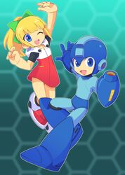  1boy android arm_cannon arm_up bad_id bad_twitter_id blonde_hair blue_eyes blush bow brother_and_sister capcom commentary_request dress female full_body green_bow hairbow helmet high_ponytail highres hood hood_down hooded_dress long_hair mega_man_(character) mega_man_(classic) mega_man_(series) mega_man_11 omeehayo one_eye_closed open_mouth ponytail red_dress roll_(mega_man) siblings sidelocks smile weapon 