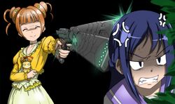  2girls anger_vein angry black_background blue_hair clenched_teeth closed_eyes cocoa_(cocoa0191) commentary_request dokidoki!_precure dominator_(gun) double_bun evil_smile false_smile gun hair_bun highres hishikawa_rikka jealous leaf multiple_girls orange_hair outstretched_arm precure psycho-pass purple_sailor_collar rance_(dokidoki!_precure) sailor_collar school_uniform scowl shaded_face smile teeth weapon yotsuba_alice yuri 