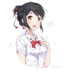  adore_(adoredesu) black_hair blush bow bowtie brown_eyes collared_shirt commentary female hair_ribbon hand_on_own_chest highres kimi_no_na_wa. miyamizu_mitsuha necktie open_collar open_mouth red_ribbon ribbon school_uniform shirt short_sleeves simple_background solo tied_hair twitter_username upper_body visible_ears white_background white_shirt 