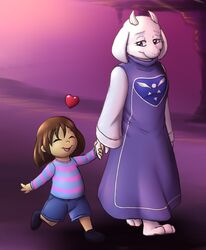  2015 3_toes age_difference ambiguous_gender anthro barefoot boss_monster_(undertale) bovid caprine digital_media_(artwork) duo feet female frisk_(undertale) fur hand_holding heart_symbol hindpaw horn human larger_female lolicon mammal open_mouth paws scott_calico size_difference smaller_ambiguous smile toes toriel undertale undertale_(series) white_body white_fur young 