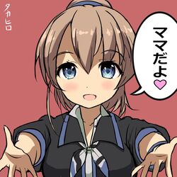  artist_name black_neckerchief black_shirt blue_eyes blue_neckerchief blue_trim brown_hair collared_shirt commentary_request female foreshortening grey_neckerchief heart intrepid_(kancolle) kantai_collection looking_at_viewer multicolored_neckerchief neckerchief open_mouth outstretched_arms ponytail red_background shirt short_hair short_sleeves simple_background smile solo takahiro_(rikky) upper_body 