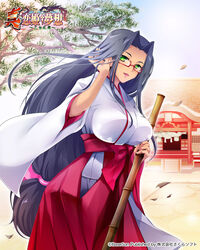  black_hair broom commentary_request copyright_name female glasses green_eyes hair_intakes hakama hakama_pants highres japanese_clothes kapimaru koihime_musou long_hair low-tied_long_hair miko outdoors pants photoshop_(medium) shirt shuuyu smile solo tree white_shirt 