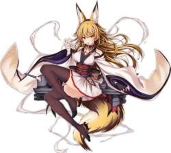  animal_ears ass azur_lane bandaged_arm bandages bare_shoulders black_footwear black_gloves black_thighhighs blonde_hair eyebrows female fingerless_gloves flower fox_ears fox_tail full_body gloves hair_between_eyes hair_flower hair_ornament japanese_clothes jianren long_hair long_sleeves machinery miniskirt mouth_hold official_art pleated_skirt sendai_(azur_lane) shirt shoes skirt solo tachi-e tail thighhighs torpedo torpedo_tubes transparent_background turret white_skirt wide_sleeves yellow_eyes zettai_ryouiki 