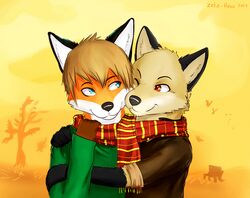  2013 anthro autumn black_nose blue_eyes brown_eyes brown_hair canid canine canis clothed clothing countershading cuddling duo fox fur hair half-length_portrait lan_(zeta-haru)_(character) male male/male mammal one_eye_closed outside park portrait rafael romantic romantic_ambiance romantic_couple scarf shirt tan_body tan_fur topwear wink wolf zeta-haru 