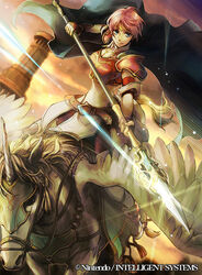  alicorn arm_guards armor belt blue_eyes breastplate cape commentary_request company_connection copyright_name elbow_gloves female fire_emblem fire_emblem:_path_of_radiance fire_emblem:_radiant_dawn fire_emblem_cipher gloves holding holding_weapon horse horseback_riding marcia_(fire_emblem) official_art pauldrons pegasus pegasus_knight_uniform_(fire_emblem) photoshop_(medium) pink_hair polearm riding serious short_hair shoulder_armor spear sunset thighhighs unicorn wada_sachiko weapon wings 