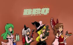  5girls akagi_(kancolle) artist_name ascot blonde_hair bloodycat braid brown_hair chinese_commentary commentary_request detached_sleeves english_text explosive flamethrower green_hair grenade_launcher grey_hair hair_ornament hair_ribbon hair_tubes hakurei_reimu hat hat_ribbon highres kantai_collection kirisame_marisa kochiya_sanae konpaku_youmu milkor_mgl molotov_cocktail multiple_girls one_eye_closed parody payday_(series) payday_2 ribbon short_hair shotgun_shell single_braid touhou weapon 