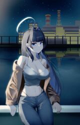  absurdres alternate_costume bare_shoulders black_hair blue_eyes blue_hair blue_pants blunt_bangs breasts brown_jacket camisole cleavage colored_inner_hair commentary crop_top denim english_commentary female hair_intakes halo highleg highleg_panties highres hololive hololive_english jacket jeans large_breasts light_smile long_hair looking_at_viewer mechanical_halo multicolored_hair navel night off_shoulder official_alternate_hairstyle open_clothes open_jacket ouro_kronii panties pants panty_straps pier radi_(pixiv_88192217) solo star_(sky) thigh_gap underwear very_long_hair virtual_youtuber water white_camisole 