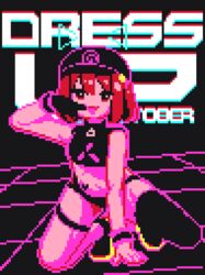  animated animated black_background english_text female gloves hat looking_at_viewer lynte midriff original pink_hair pixel_art purple_eyes purple_gloves purple_thighhighs short_hair simple_background single_glove single_thighhigh solo thighhighs 