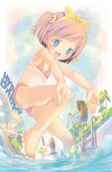  absurdres bikini bird blue_eyes duck female flat_chest hairband highres jumping marl_(project_witch) one-piece_tan one_side_up open_mouth outdoors outstretched_arms pen-kun pink_bikini pink_hair pool pop_(electromagneticwave) project_witch short_hair smile solo swimsuit tan tanlines water 