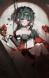  :d absurdres bare_shoulders bathtub black_bra black_choker black_eyes black_gloves black_hair black_nails blood blood_on_face blood_on_hands blush bra breasts choker cleavage commentary elbow_gloves english_commentary female fingerless_gloves fishnet_thighhighs fishnets flower gloves hands_up highres knees_up knife lace_trim looking_at_viewer noah_(0noah) o-ring o-ring_choker open_mouth original partially_submerged red_flower sidelocks smile solo spotlight stomach strapless strapless_bra thighhighs tile_wall tiles underwear 