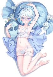  arm_up armpits blubberbeast_(genshin_impact) blue_eyes blue_nails blue_shirt blush breasts collarbone drop-shaped_pupils female from_above full_body furina_(genshin_impact) genshin_impact gloves heterochromia highres holding holding_stuffed_toy leg_up lingerie looking_at_viewer navel on_pillow open_mouth panties parufeito shirt short_hair small_breasts soles solo stomach stuffed_toy symbol-shaped_pupils thigh_strap underwear underwear_only unworn_shirt wavy_hair white_background white_gloves white_panties 