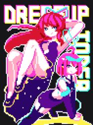  2girls ahoge animated animated arm_up black_background blue_eyes english_text long_hair looking_at_viewer lynte midriff multiple_girls original pink_eyes pink_hair pixel_art purple_thighhighs red_hair short_hair simple_background thighhighs 