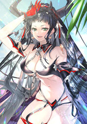  asymmetrical_gloves banamons bikini black_bikini black_gloves black_hair breasts cleavage commentary_request dangle_earrings demon_horns earrings elbow_gloves feathered_wings female gloves granblue_fantasy green_eyes highres horns jewelry large_breasts long_hair looking_at_viewer magus_(granblue_fantasy) multi-strapped_bikini_bottom navel open_mouth outdoors palm_tree red_gloves short_bangs single_elbow_glove smile solo sunlight swimsuit tree two-tone_gloves uneven_gloves wings 