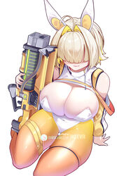  ahoge animal_ears blonde_hair boomstick_(nikke) breasts cleavage closed_mouth clothing_cutout covered_navel elegg_(nikke) fake_animal_ears female goddess_of_victory:_nikke gradient_legwear gun hair_intakes hair_over_eyes highleg highleg_leotard highres holding holding_gun holding_weapon hot_vr huge_breasts large_breasts leotard multicolored_hair oerba_yun_fang pantyhose playboy_bunny rabbit_ears shoulder_cutout shrug_(clothing) sitting smile solo two-tone_hair wariza weapon white_leotard yellow_pantyhose 