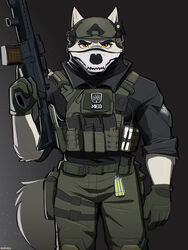  2024 anthro armor assault_rifle balaclava bulletproof_vest canid canine canis clothing disney fan_character gun headgear helmet hi_res logan_fangmeyer male mammal mask police psakorn_tnoi ranged_weapon rifle solo special_forces swat tactical_gear uniform weapon wolf zootopia zpd 