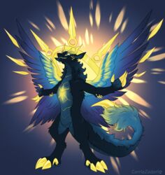  absurd_res aura cheek_spikes corriezodorie deity eclipse_eternum facial_spikes feathered_wings feathers fluffy glowing glowing_chest glowing_eyes halo hi_res horn multi_eye scales simple_background spikes spikes_(anatomy) stinger_tail wings zorgoia 