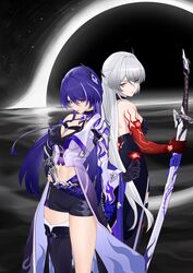  2girls absurdres acheron_(honkai:_star_rail) asymmetrical_gloves bandaged_leg bandages bare_shoulders black_choker black_gloves black_hole black_shorts breasts chains choker cleavage coat commentary cowboy_shot dual_persona flower gloves gradient_coat grey_hair hair_ornament hand_on_own_hip highres holding holding_sword holding_weapon honkai:_star_rail honkai_(series) katana large_breasts long_hair long_sleeves looking_at_viewer midriff multiple_girls navel no_tattoo official_alternate_color purple_coat purple_eyes purple_hair red_eyes red_flower scabbard sheath sheathed short_shorts shorts single_sleeve standing stomach sword thighs very_long_hair weapon weiliang white_coat 