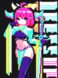  ahoge animated animated black_background female gloves lynte midriff navel original pelvic_curtain pink_hair pixel_art purple_eyes purple_gloves purple_thighhighs short_hair simple_background solo thighhighs 