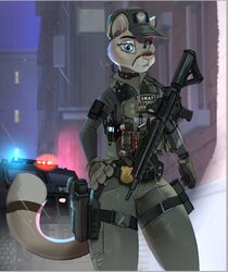  anthro armor armored_vehicle assault_rifle body_armor bulletproof_vest city city_background clothing cougar disney fan_character felid feline female gun hinget holster m4a1 mammal police police_uniform police_vehicle raining ranged_weapon rifle solo swat tactical_gear uniform valerie_(grizzlygus) vehicle weapon zootopia zpd 