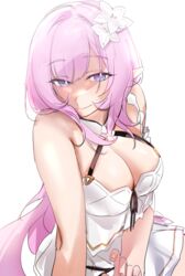  absurdres alternate_costume bare_shoulders blue_eyes breasts cleavage dress elf elysia_(honkai_impact) elysia_(miss_pink_elf)_(honkai_impact) elysia_(summer_miss_elf)_(honkai_impact) female flower hair_between_eyes hair_flower hair_ornament highres honkai_(series) honkai_impact_3rd large_breasts long_hair looking_at_viewer pink_hair pink_pupils pointy_ears saki_(remainaddd) smile white_background white_dress 